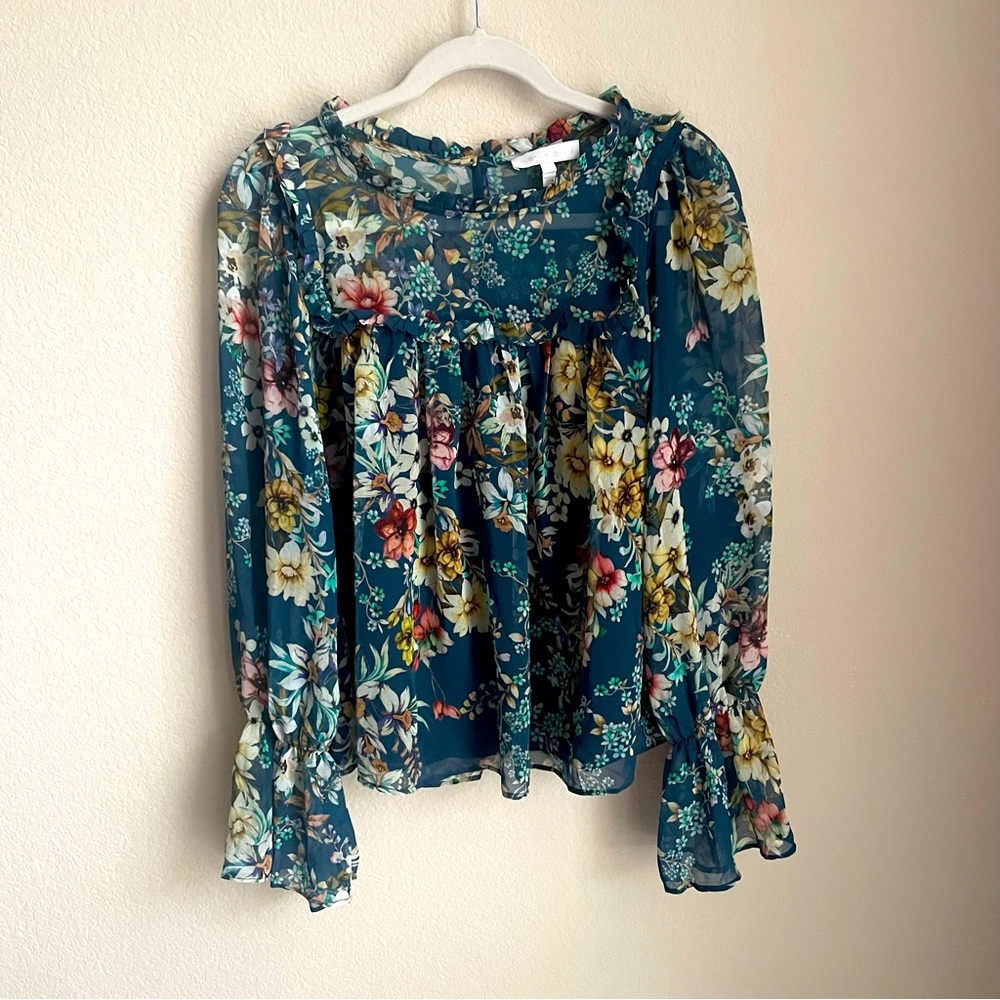 EUC Anthropologie Eri + Ali Blue Boho Floral Velma Top / Blouse - MEDIUM